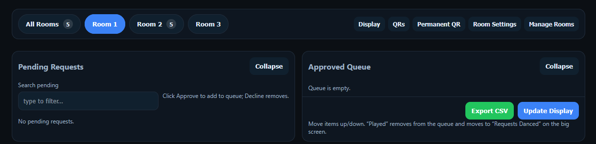 DJ panel showing pending requests and approved queue