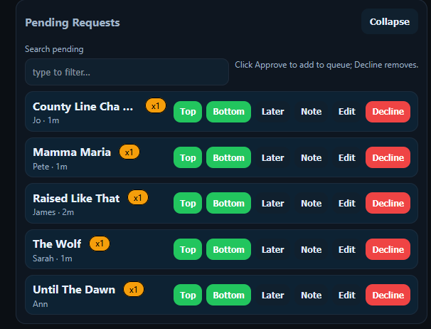 Pending request list with counts, controls and DJ notes